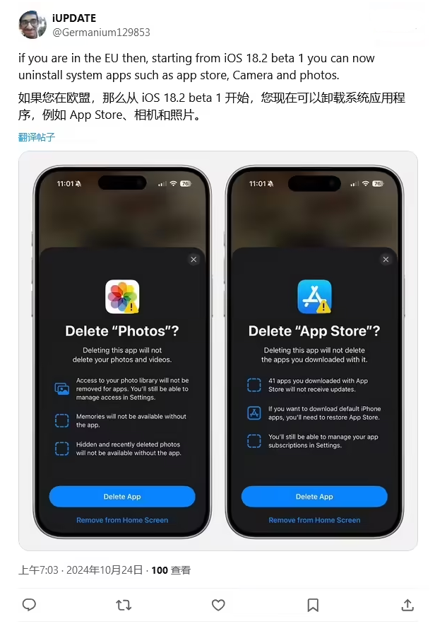 井冈山苹果手机维修分享iOS 18.2 支持删除 App Store 应用商店 